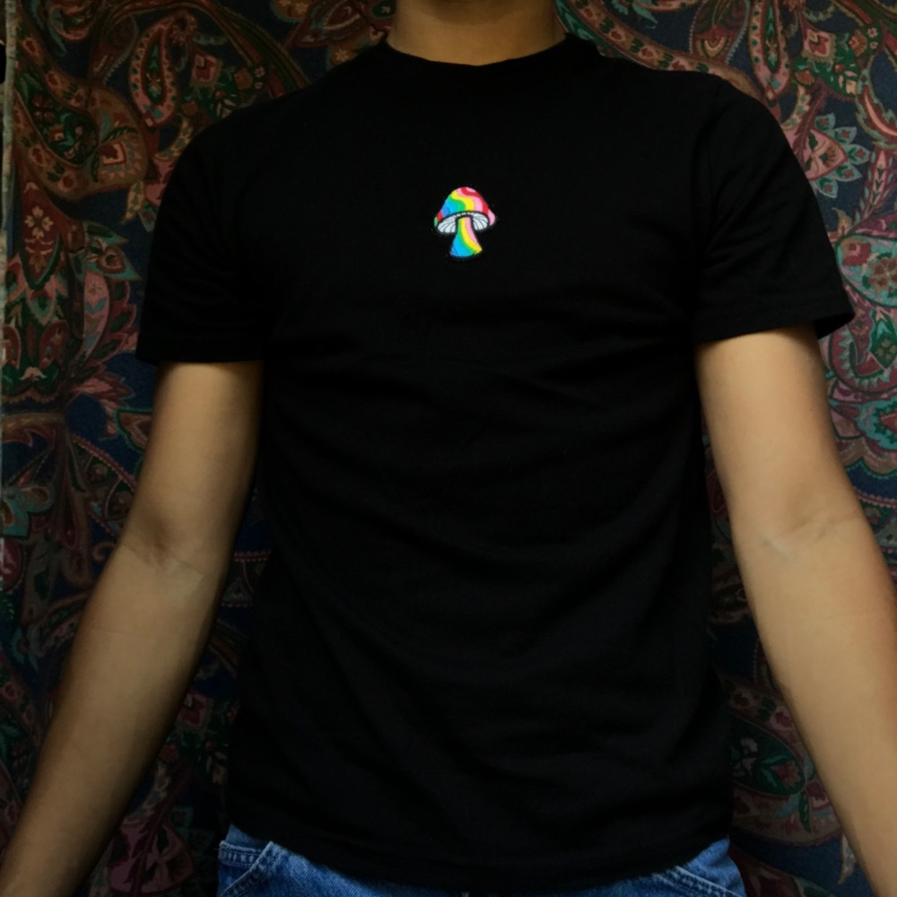 Basic black tee with shrooms patch